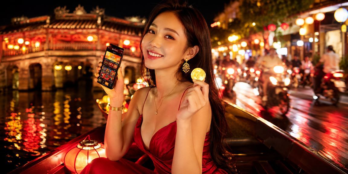 Người dùng xem lịch thi đấu thể thao trên điện thoại tại chợ đêm Hội An